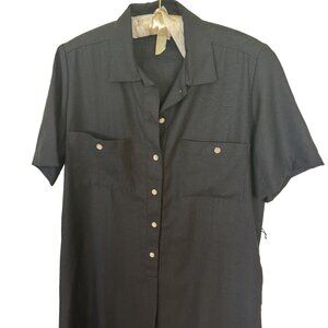 Vintage Orvis Womens Black Maxi Dress Size 12 Large Short Sleeve Button Up Rayon